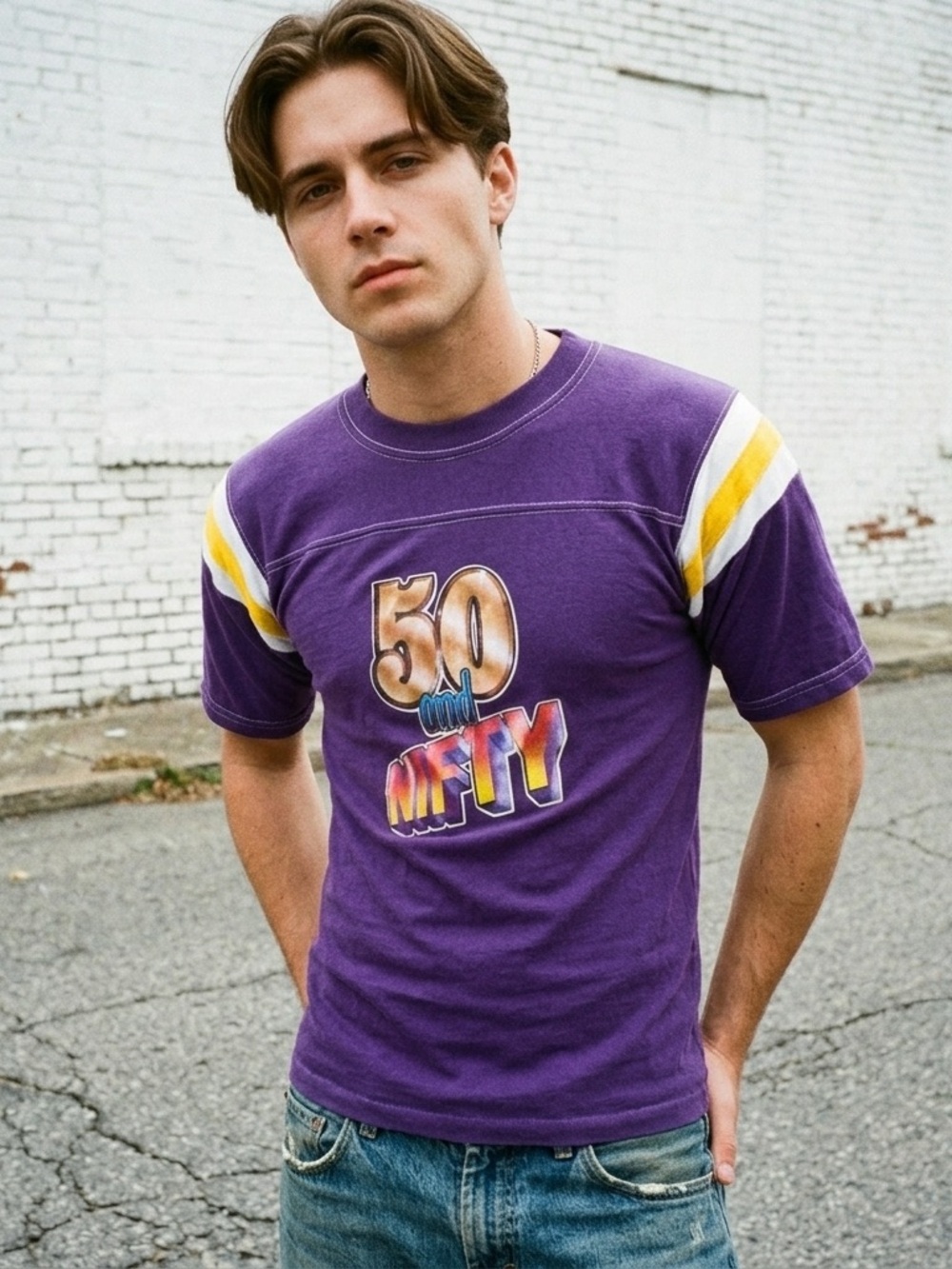 Vintage 70s T Plus 50 And Nifty Retro T-Shirt Purple Made In USA L Runs Small